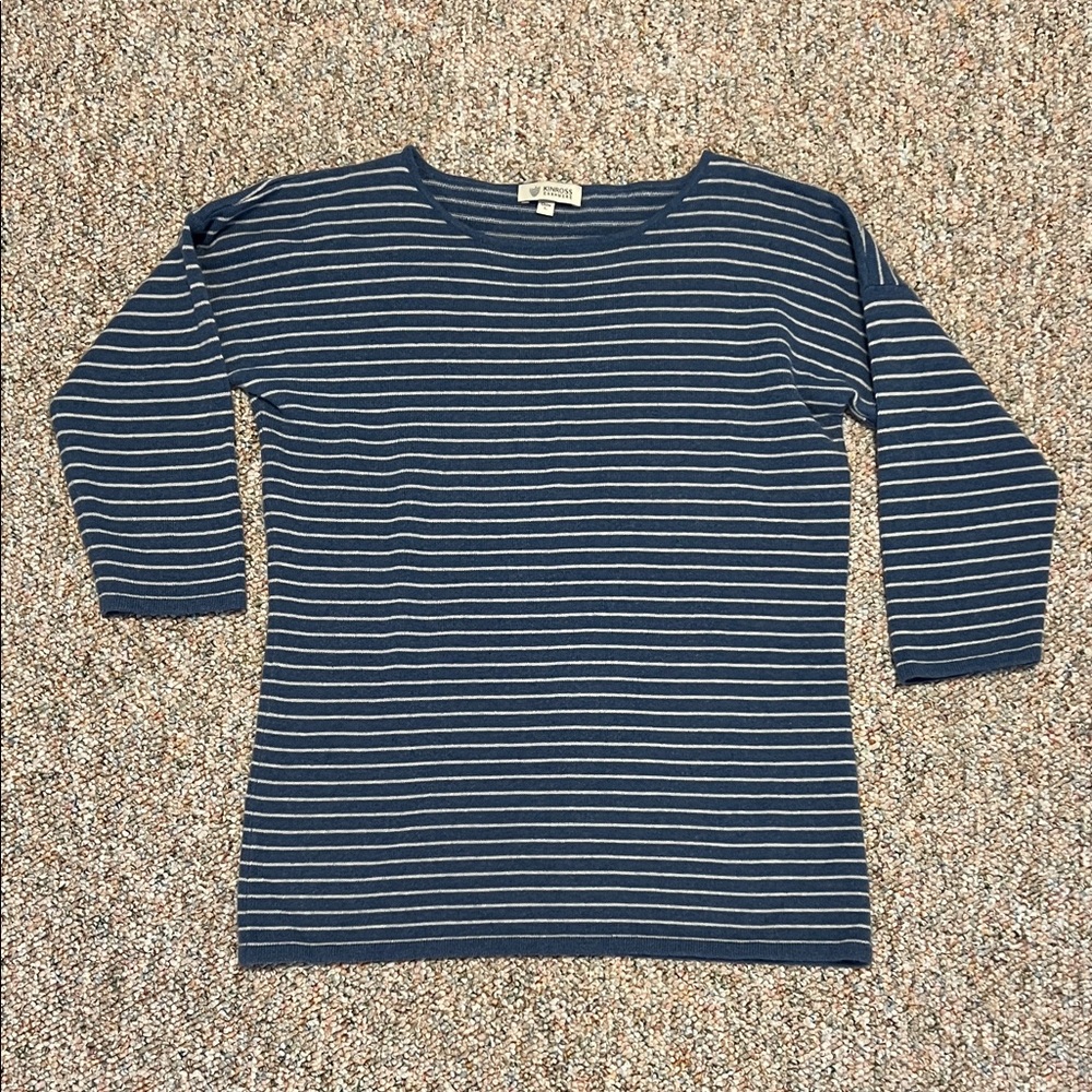 Kinross Cashmere Striped Blue Women's Crew Neck Sweater